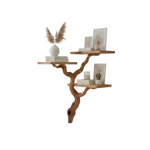 Corner Floating Shelf - Handmade Tree Branch Wall Bookshelf from Natural Wood