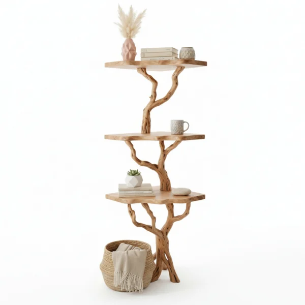 Corner Tree Floating Bookshelf - Handcrafted Driftwood & Solid Wood Shelf