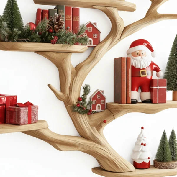 Floating Tree Bookshelf – Mid-Century Wall-Mounted Bookcase, Handmade Xmas Tree Shelf & Rustic Home Decor