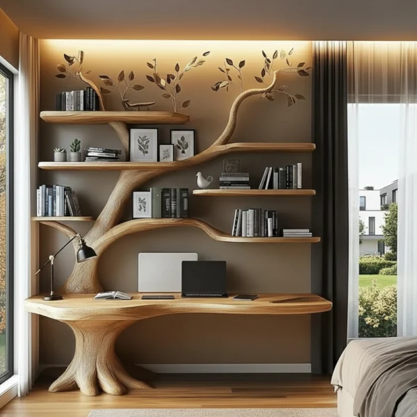 Handcrafted Tree Bookshelf & Console Table Set