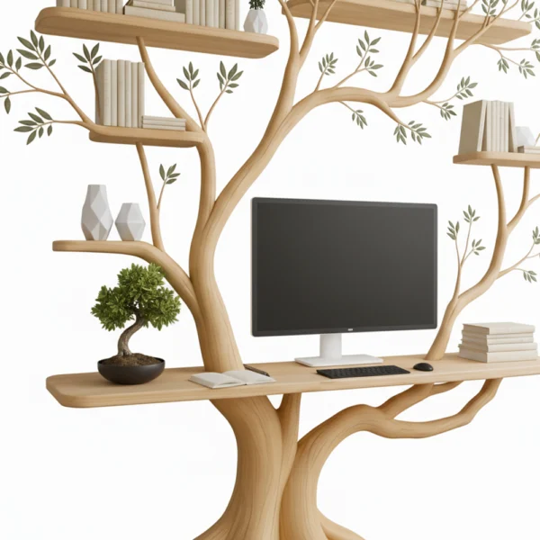 Handmade Tree-Shaped Desk - Solid Wood Workspace with Floating Shelves