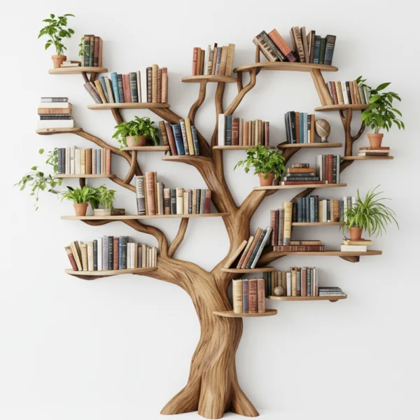 Tree Shaped Bookshelf Handmade from Natural Wood Unique Furniture for Home and Office Decor